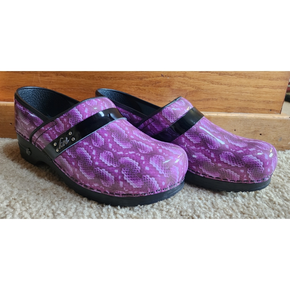 Women's Sanita Purple Snakeskin Clogs - Size 11/12